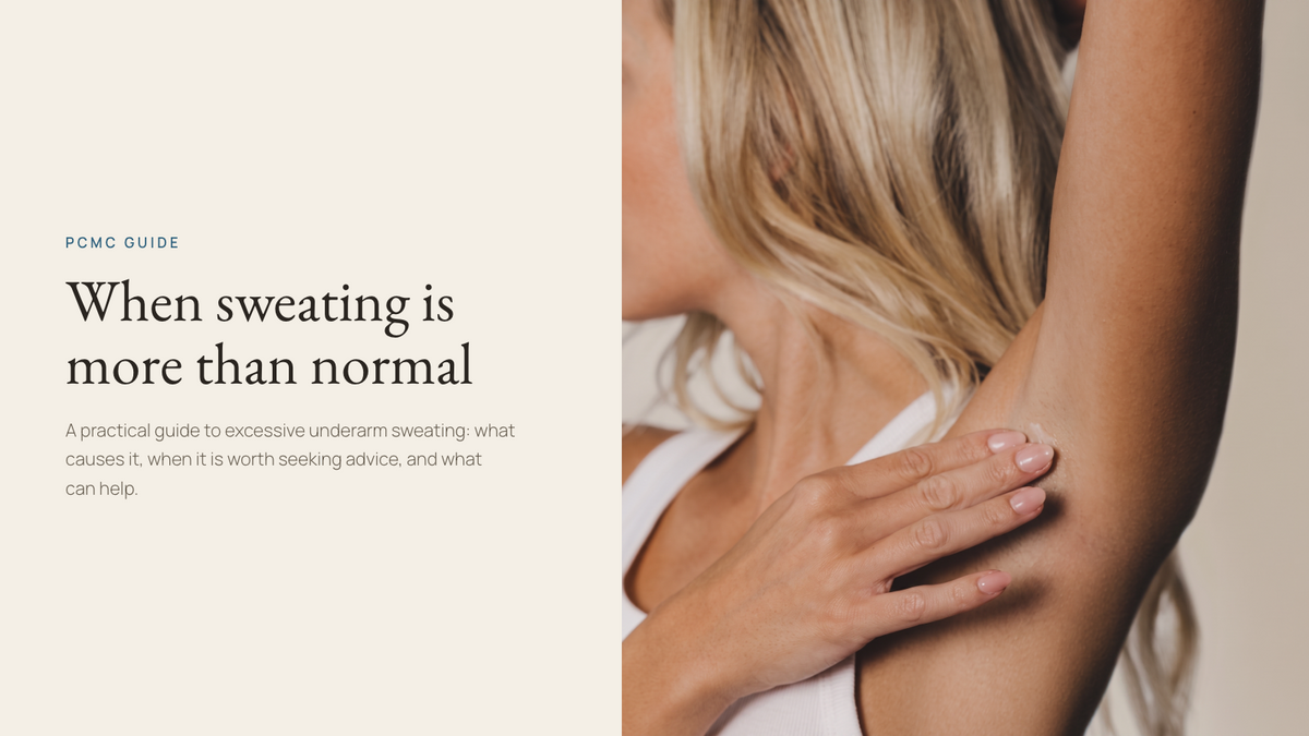 PCMC guide: When sweating is more than normal, alongside a woman touching her underarm