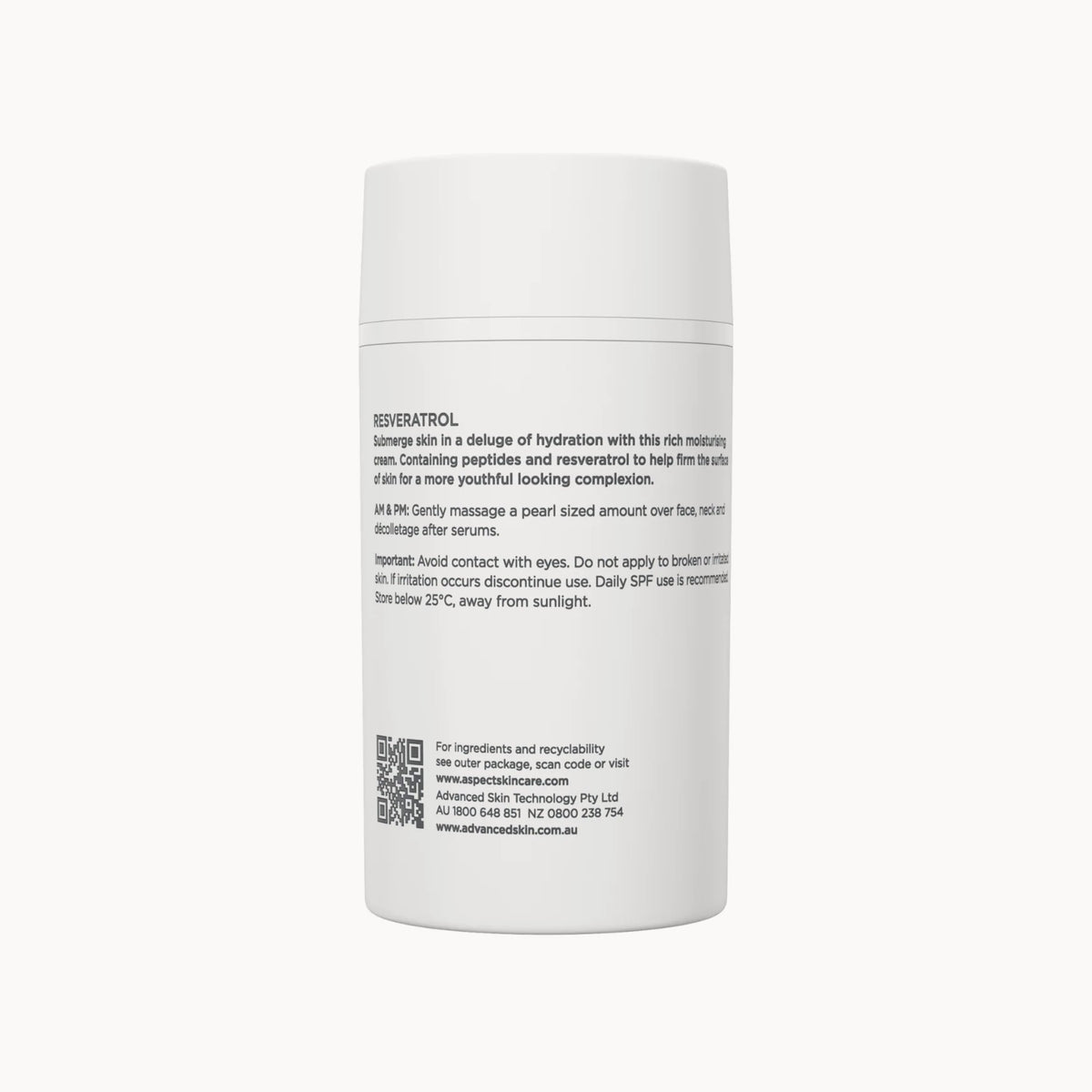 Aspect Dr Resveratrol Moisturising Creme 50g back of pack